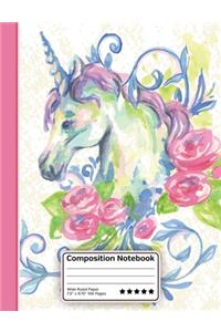 Watercolor Unicorn And Flowers Composition Notebook