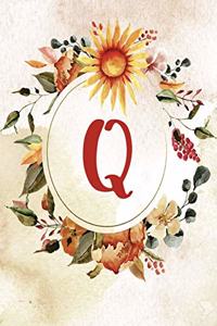 Notebook 6"x9", Letter Q, Orange Green Floral Design