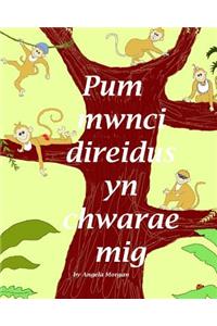 Pum Mwnci direidus yn chwarae mig