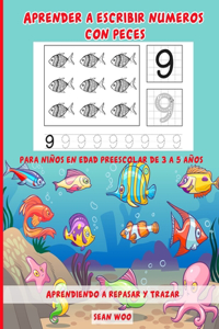 Aprender a escribir numeros con pesces para niños en edad preescolar de 3 a 5 años