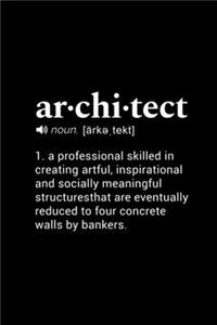 Architect (noun. arke, tekt) 1. a professional skilled in creating artful, inspirational and socially meaningful structures that are eventually reduced to four concrete walls by bankers.
