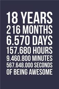 Blank Lined Journal, Notebook, Diary, Planner - 18 Years 216 Months Of Being Awesome - 18th Birthday Gift For 18 Years Old Boys And Girls