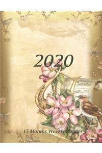 Large Print - 2020 - 15 Months Weekly Planner - Victorian Christmas - Holiday Music Harp with Flowers and Bird