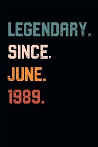 Blank Lined Journal, Notebook, Diary, Planner - Legendary Since June 1989 - 30th Birthday Gift For 30 Years Old Men and Women born in June