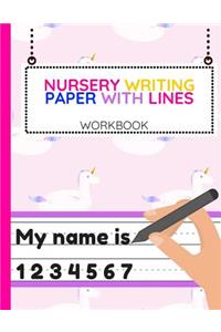 Nursery Writing Paper with Lines: Workbook of Dotted Lined Handwriting Practice Paper Sheet Book for Girl, Boy, Kid, Toddler, Preschool, Kindergarten, Nursery, Elementary - Beginner 