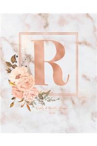 Weekly & Monthly Planner 2020 R: Pink Marble Rose Gold Monogram Letter R with Pink Flowers (7.5 x 9.25 in) Vertical at a glance Personalized Planner for Women Moms Girls and School