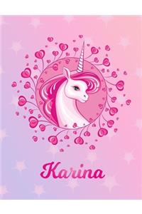 Karina: Unicorn Large Blank Primary Handwriting Learn to Write Practice Paper for Girls - Pink Purple Magical Horse Personalized Letter K Initial Custom Fir