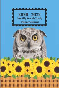 2020 - 2022 Monthly Weekly Yearly Planner Journal: Owl Bird Standing In Sunflowers Design Cover 2 Year Planner Appointment Calendar Organizer And Journal Notebook