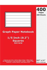 Graph Paper Notebook: 0.2 Inch (1/5 in) Squares; 8.5" x 11"; 21.6 cm x 27.9 cm; 400 Pages; 200 Sheets; 5x5 Quad Ruled Grid; White Paper; Red Glossy Cover; Journal