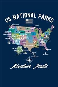 US National Parks Adventure Awaits: US National Parks Map Journal, Travel Hiking Camping RV Travel Guide Notebook, Gift for Outdoor Lover, Hiker Camper Traveler Birthday Present