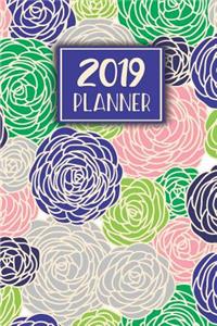 2019 Monthly and Weekly Planner: Twenty Nineteen Dated Planner Royal Blue, Pink, and Green Floral Bouquet Pattern