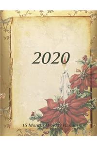 Large Print - 2020 - 15 Months Weekly Planner - Victorian Christmas - Holiday Candle with Red Poinsettia Flowers