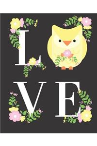 Cute Love Yellow Owl Pretty Pink Flowers Wide-lined Blank School Composition Notebook