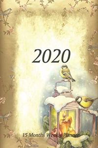 Large Print - 2020 - 15 Months Weekly Planner - Victorian Christmas - Holiday Candle Lantern with Birds