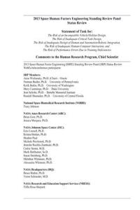 2013 Space Human Factor Engineering (Shfe) Standing Review Panel (Srp) Status Review