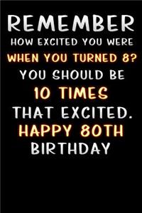 remember how excited you were when you turned 8 you should be 10 times that excited happy 80 th birthday: Lined Notebook / Diary / offensive Journal For Best Wishes Birthdays party, Anniversaries, and Special Events Gag Gift for Your Best Friend