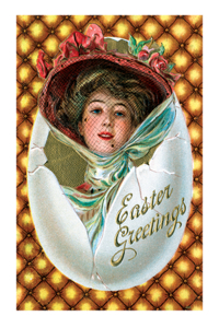 Woman with Hat in Egg Easter Greetings Postcard. 6 Cards, Individually Bagged with Envelopes
