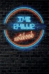 The PHILLIP Notebook: Vintage Blank Ruled Personalized & Custom Neon Sign Name Dotted Notebook Journal for Boys & Men. Wall Background. Funny Desk Accessories. Retro Back