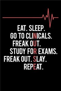 Eat. Sleep Go to Clinicals. Freak Out. Study for Exams. Freak Out. Slay. Repeat.