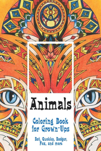 Animals - Coloring Book for Grown-Ups - Bat, Quokka, Badger, Fox, and more