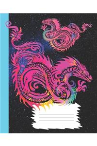 Colorful Rainbow Dragon Bright Pink & Teal Composition Wide-ruled blank line School Notebook