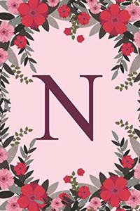 N: Name Monogram Initial N Pink Floral 6x9" Dot Bullet Notebook/Journal Gift Idea For Girls, Women, School, College and Work