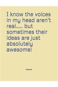 I know the voices in my head aren't real..... but sometimes their ideas are just absolutely awesome! Notebook: College Ruled Lined Journal/Notebook 120 pages 8.5 x 11 size. Soft cover.