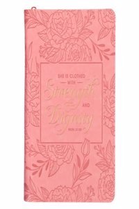 Christian Art Gifts Scripture Journal Pink Strength & Dignity Proverbs 31:25 Bible Verse Inspirational Faux Leather Notebook, Zipper Closure, 336 Ruled Pages, Ribbon