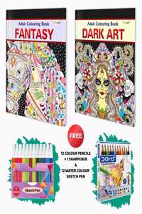 Fantasy and Dark Art - Adult Colouring Book with 12 Water Colour Sketch Pens and 12 Colour Pencils + 1 Sharpener : Mindful Coloring Art, Art Therapy Coloring Book | Combo of 2 Adult colouring books