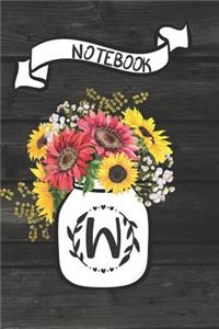 Notebook W: Rustic Sunflower Monogram Initial W Journal: Blank Lined and Dot Grid Paper Interior Pages: Small Purse-Sized Notebook