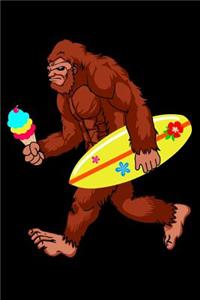 Funny bigfoot with ice cream and surfboard journal