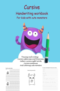 Cursive Handwriting Workbook For kids With cute monsters