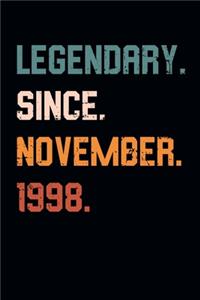 Blank Lined Journal, Notebook, Diary, Planner - Legendary Since November 1998 - 21st Birthday Gift For 21 Years Old Men and Women born in November