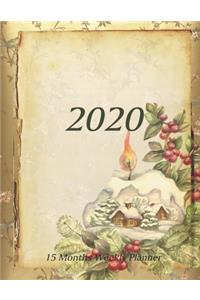 Large Print - 2020 - 15 Months Weekly Planner - Victorian Christmas - Holiday Candle Log Cabin with Holly Berries