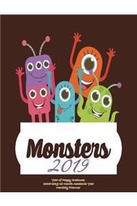 Monsters 2019- Year of Happy Creatures 2018-2019 18 Month Academic Year Monthly Planner