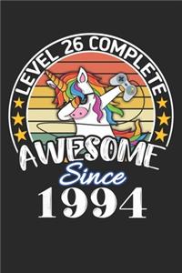 Level 26 complete awesome since 1994: funny dabbing unicorn retro vintage 26th Gamer Birthday Gift notebook / journal gaming lovers gift