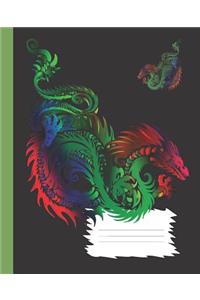 Colorful Rainbow Dragon Bright Green Composition Wide-ruled blank line School Notebook