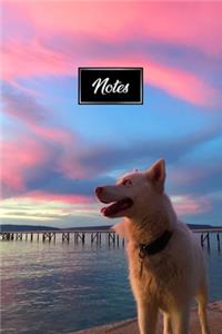 Siberian Husky Huskies Dog Pup Puppy Doggie Notebook Bullet Journal Diary Composition Book Notepad - Sunset at Pier