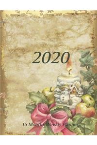 Large Print - 2020 - 15 Months Weekly Planner - Victorian Christmas - Holiday Snowman Candle with Apples and Holly