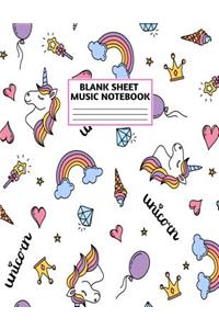 Blank Sheet Music Notebook: Cute Unicorn Matte Cover Design with 110 Pages White Paper Interior for Musician Students and Professionals Playing Piano, Ukelele, Mandolin and oth