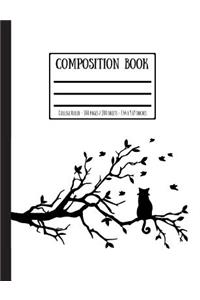 Cat on Leafy Tree Branch Composition Book: College Ruled - 100 Pages / 200 Sheets - 7.44 X 9.69 Inches