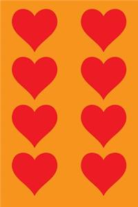 100 Page Unlined Notebook - Red Hearts on Orange