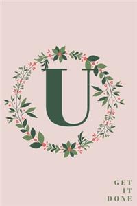 Monogram Initial Letter U Notebook with Rose Pink Floral Journal for Women, Girls Birthday Gift and School