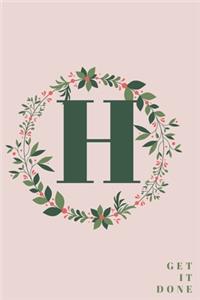 Monogram Initial Letter H Notebook with Rose Pink Floral Journal for Women, Girls Birthday Gift and School