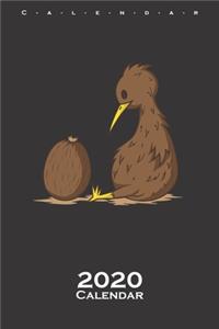 Kiwi bird looking wondered on a Kiwi fruit Calendar 2020