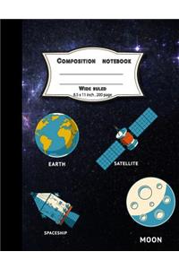 Composition notebook wide ruled 8.5x11 inch 200 page, Moon Spaceship Satellite Earth