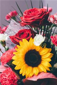 A Bouquet with a Bright Yellow Sunflower, Roses, and Carnations Flower Journal