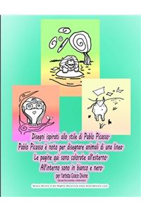 Disegni ispirati allo stile di Pablo Picasso. Pablo Picasso è noto per disegnare animali di una linea. Le pagine qui sono colorate all'esterno. All'interno sono in bianco e nero. per l'artista Grace Divine