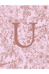 U: Monogram Initial Notebook For Women And Girls-Pink And Brown Floral-120 Pages 8.5 x 11