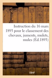 Instruction Du 16 Mars 1893 Pour Classement Des Chevaux, Juments, Mulets, Mules Et Voitures Attelées